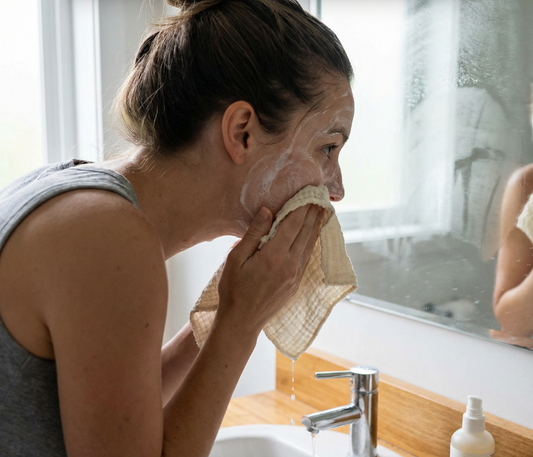 Person gently cleansing face with soft cloth — sensory-friendly skincare using Sensurae Flourish Soft Touch Toolkit