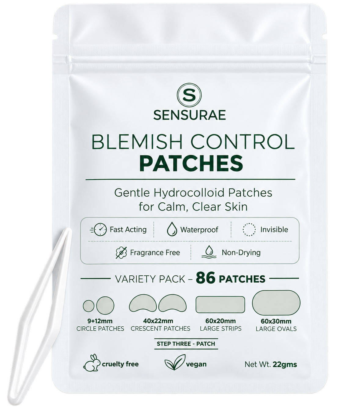 Sensurae Blemish Control Patches variety pack in a white resealable pouch with green text, shown on a white background with a clear applicator tool at the lower left.