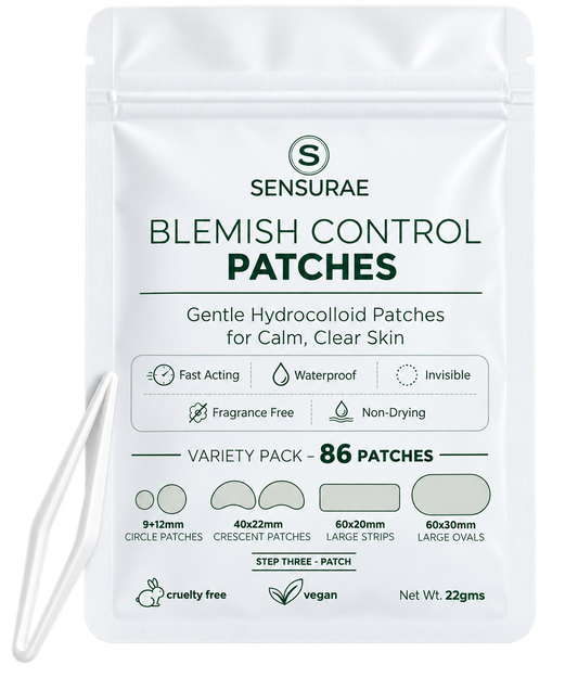 Sensurae Blemish Control Patches variety pack in a white resealable pouch with green text, shown on a white background with a clear applicator tool at the lower left.
