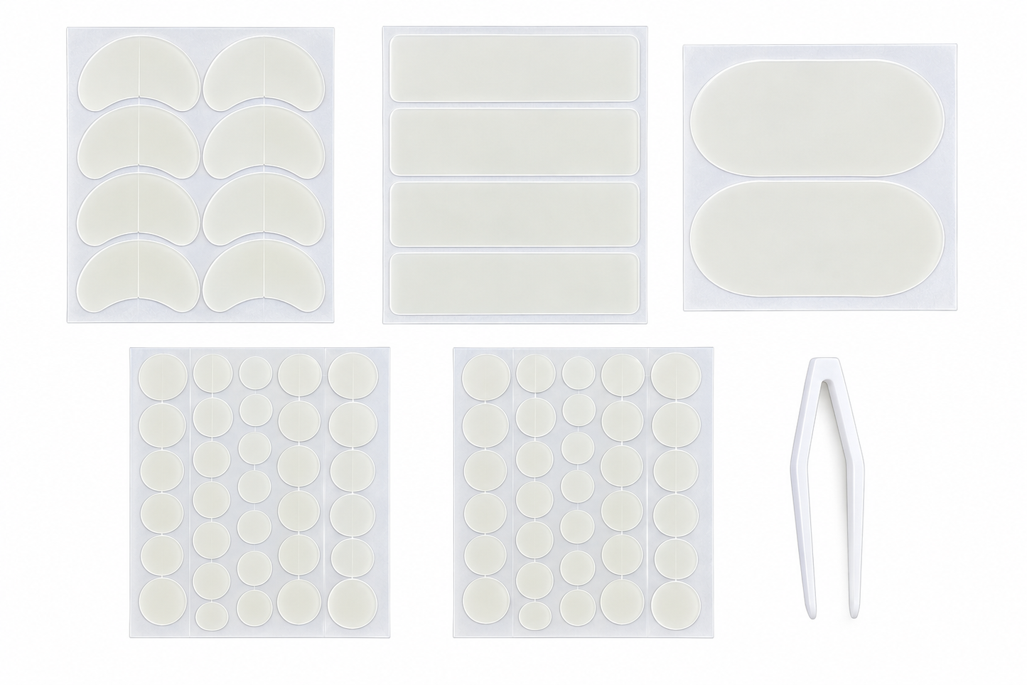 A set of white adhesive skin patches and a pair of white tweezers on a plain white background. The set includes crescent-shaped patches, rectangular patches, oval patches, round dot patches, and tweezers.