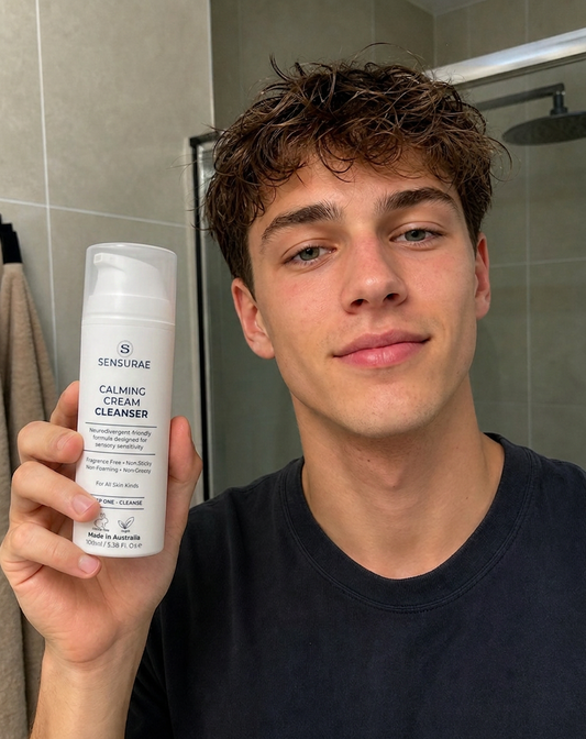 Person holding Sensurae Calming Cream Cleanser — gentle formula for neurodivergent and sensory-sensitive adults